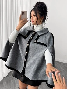 Elenzga Plus Size Women's Colorblock Wool Cape Coat - Grey - View 6
