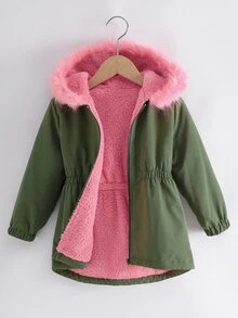Emery Rose Kids Emery Rose Kids 少女編織素色拼接對比人造毛飾邊連帽休閒夾克 - 綠色 - 查看 3