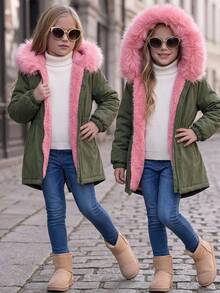 Emery Rose Kids Emery Rose Kids 少女編織素色拼接對比人造毛飾邊連帽休閒夾克 - 綠色 - 查看 1