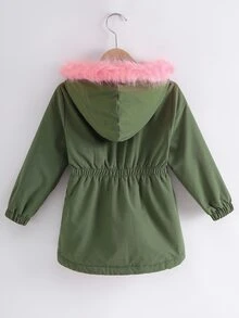 Emery Rose Kids Emery Rose Kids 少女編織素色拼接對比人造毛飾邊連帽休閒夾克 - 綠色 - 查看 4