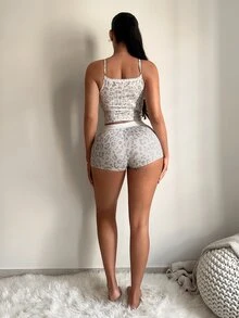 SHEIN SXY 女款豹紋蝴蝶結裝飾細肩帶背心與短褲套裝，居家旅行穿著，粉色豹紋，夏季性感可愛 - 彩色 - 查看 2