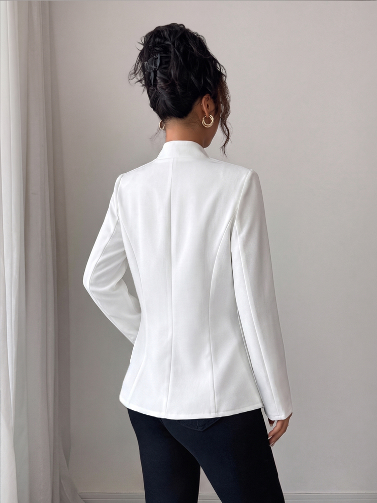 SHEIN Raffinéa 女款米色立領拼接腰線西裝外套：優雅單扣西裝夾克，適合春季、秋季 - 白色 - 查看 2