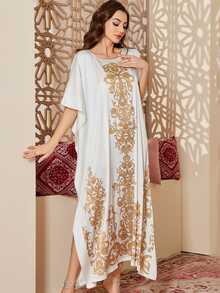 Jahmira Elegant White Baroque Print Long Cover-Up Nightgown - White - View 4