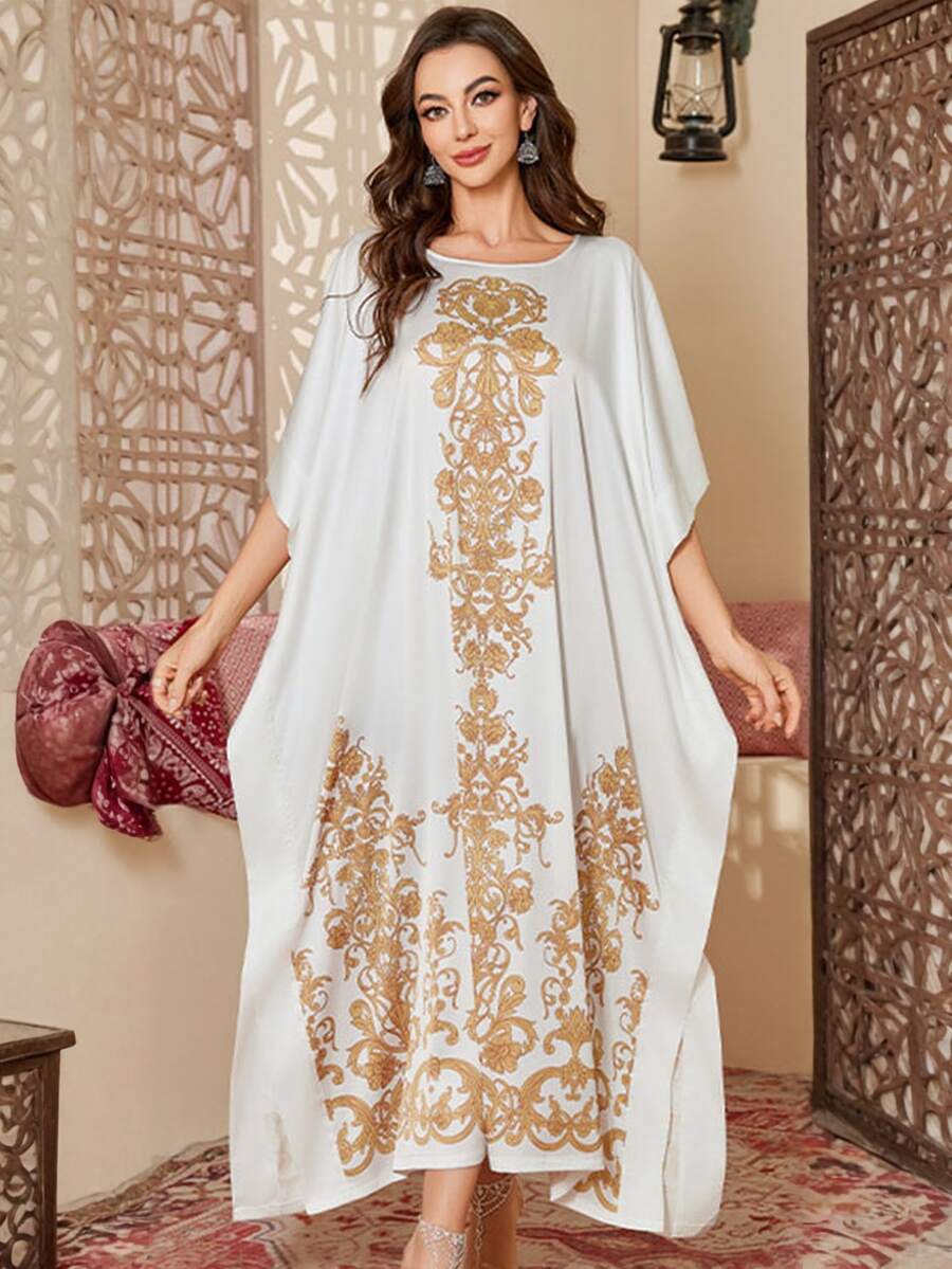 Jahmira Elegant White Baroque Print Long Cover-Up Nightgown - White - View 1