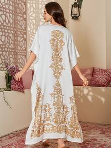 Jahmira Elegant White Baroque Print Long Cover-Up Nightgown - White - View 2