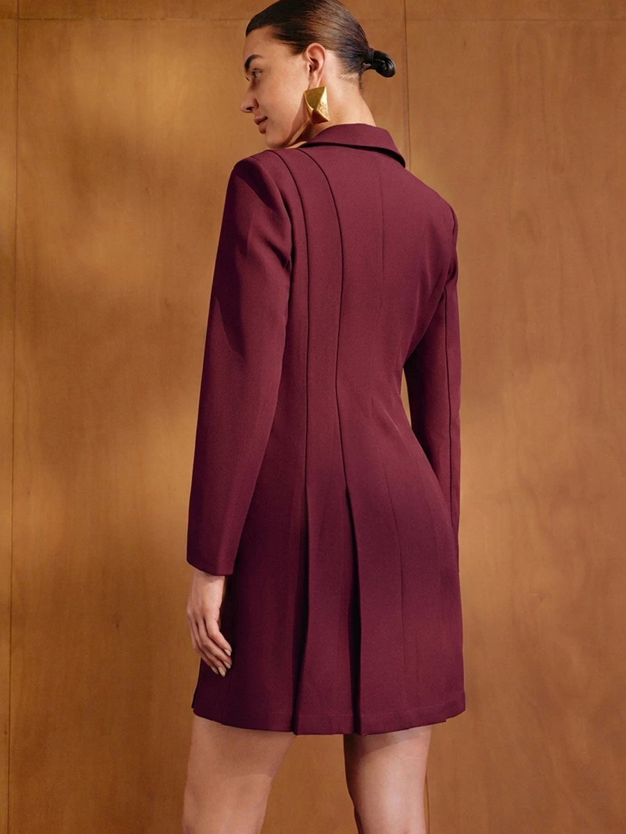 MOTF PREMIUM ELEGANT BURGUNDY SHORT PEAK COLLAR DRESS - Burgundy - View 2
