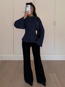 Siren Gaze Women's Elegant Commuter Solid Color Bell Sleeve Waist Fitted T-Shirt Spring - Navy Blue - View 7