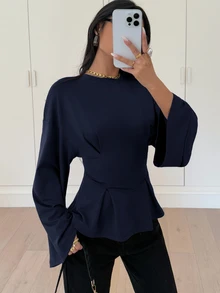 Siren Gaze Women's Elegant Commuter Solid Color Bell Sleeve Waist Fitted T-Shirt Spring - Navy Blue - View 5