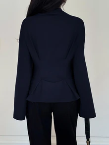 Siren Gaze Women's Elegant Commuter Solid Color Bell Sleeve Waist Fitted T-Shirt Spring - Navy Blue - View 2