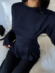 Siren Gaze Women's Elegant Commuter Solid Color Bell Sleeve Waist Fitted T-Shirt Spring - Navy Blue - View 6