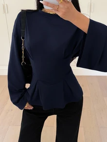 Siren Gaze Women's Elegant Commuter Solid Color Bell Sleeve Waist Fitted T-Shirt Spring - Navy Blue - View 1