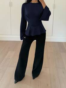 Siren Gaze Women's Elegant Commuter Solid Color Bell Sleeve Waist Fitted T-Shirt Spring - Navy Blue - View 4