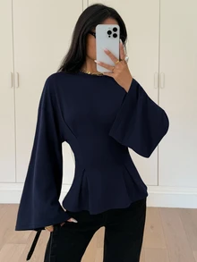 Siren Gaze Women's Elegant Commuter Solid Color Bell Sleeve Waist Fitted T-Shirt Spring - Navy Blue - View 3