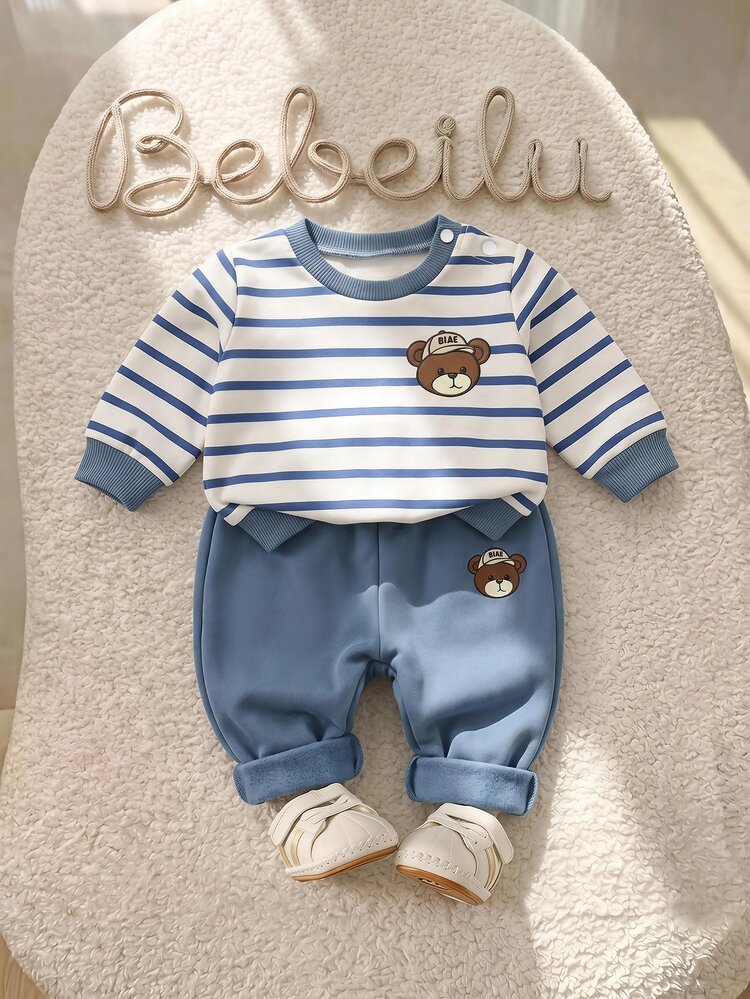 SHEIN Newborn Baby Boy Striped Cartoon Pattern Sweatshirt And Elastic Waist Long Pants Set - Blue - View 4