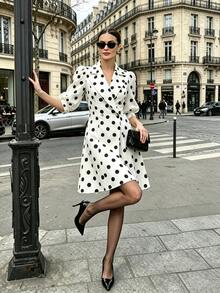 SHEIN ChicEase Women's Spring/Autumn Minimalist Vintage Elegant Lapel Mid-Sleeve Black And White Polka Dot Open Front Jacket Suitable For Daily Commute Night Party - Black and White - View 5