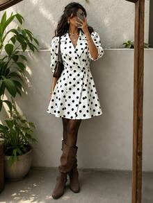 SHEIN ChicEase Women's Spring/Autumn Minimalist Vintage Elegant Lapel Mid-Sleeve Black And White Polka Dot Open Front Jacket Suitable For Daily Commute Night Party - Black and White - View 4