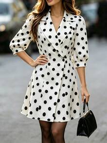 SHEIN ChicEase Women's Spring/Autumn Minimalist Vintage Elegant Lapel Mid-Sleeve Black And White Polka Dot Open Front Jacket Suitable For Daily Commute Night Party - Black and White - View 8