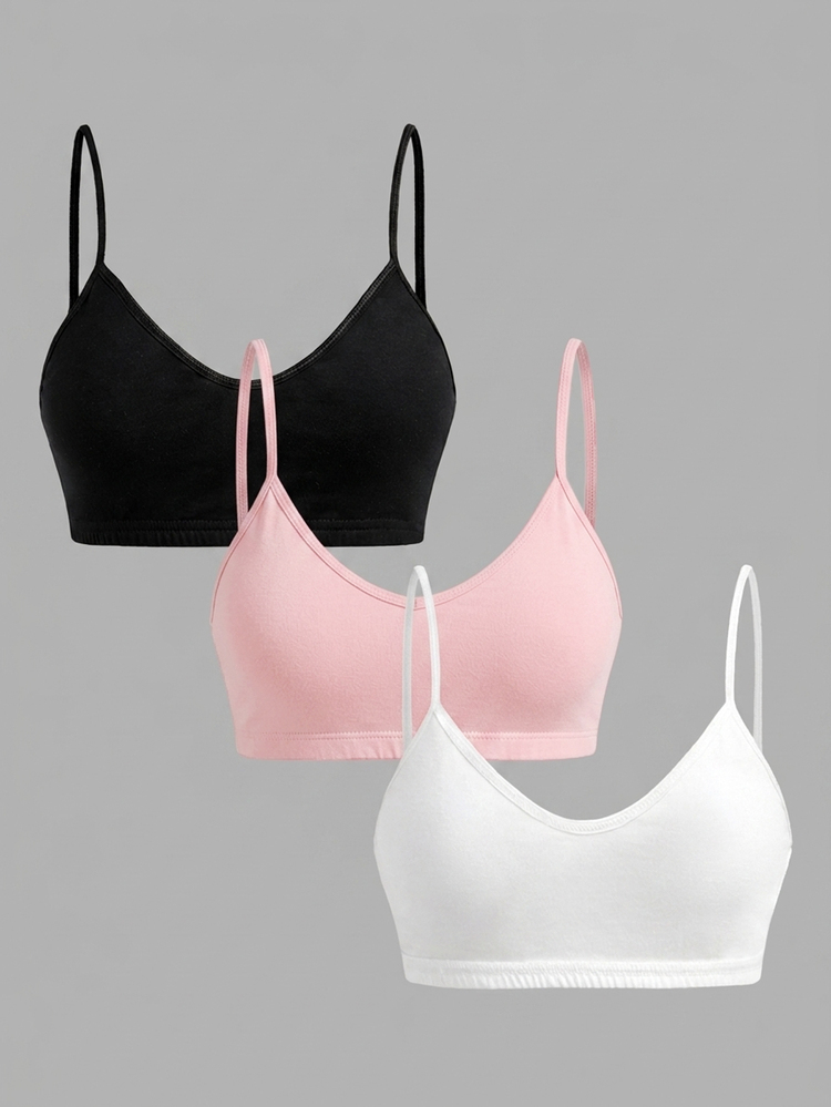 SHEIN Girlism Kids Teen Girls 3pcs Black White Pink Multi-Piece Set Simple V-Neck Camisole, Padded Bra And Racerback Underwear Set, Comfortable Solid Color, Spring & Summer, Clean Girl/American , Young Girls - Multicolor - View 3