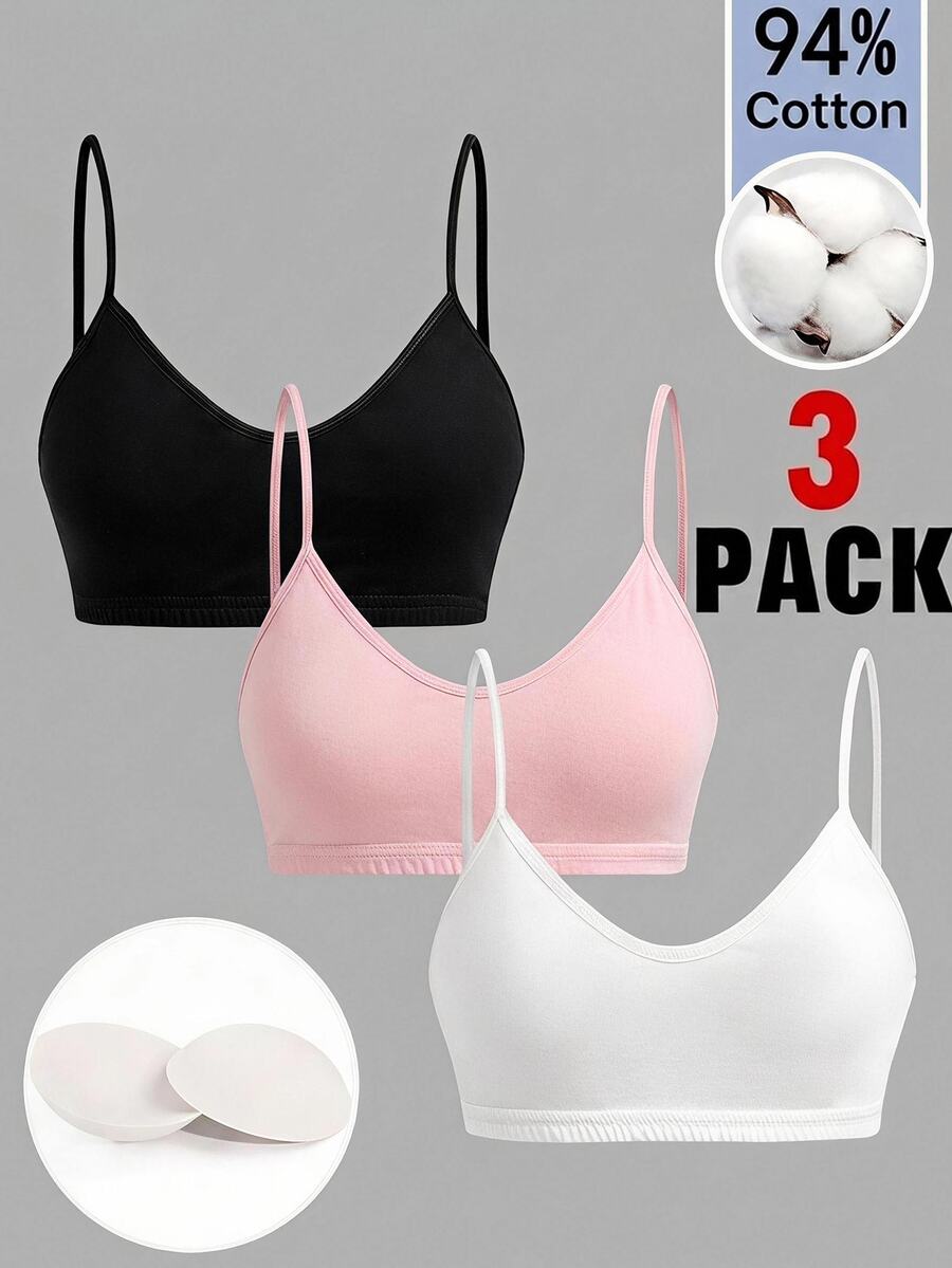 SHEIN Girlism Kids Teen Girls 3pcs Black White Pink Multi-Piece Set Simple V-Neck Camisole, Padded Bra And Racerback Underwear Set, Comfortable Solid Color, Spring & Summer, Clean Girl/American , Young Girls - Multicolor - View 1