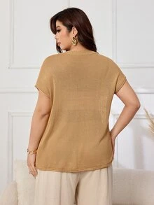 Lacomfia Plus Size Fashion Versatile Round Neck Short Sleeve Hollow Out Knit Top - Camel - View 2