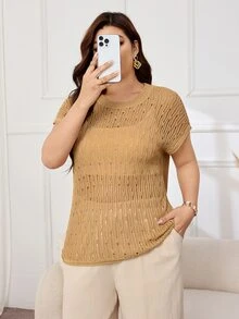 Lacomfia Plus Size Fashion Versatile Round Neck Short Sleeve Hollow Out Knit Top - Camel - View 6