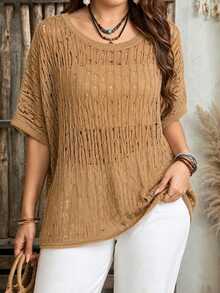 Lacomfia Plus Size Fashion Versatile Round Neck Short Sleeve Hollow Out Knit Top - Camel - View 1