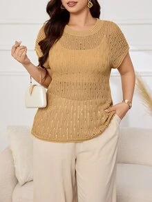 Lacomfia Plus Size Fashion Versatile Round Neck Short Sleeve Hollow Out Knit Top - Camel - View 4