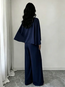 RosyDaze 2026秋冬女款優雅雪紡披肩袖寬腿連身褲，腰帶收腰純色正式連身套裝，適合派對、晚宴、節慶穿搭 - 藏蓝色 - 查看 2