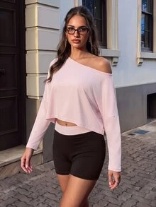 SHEIN PariChic Solid Color Asymmetrical Collar Long Sleeve Sports T-Shirt - Pink - View 4