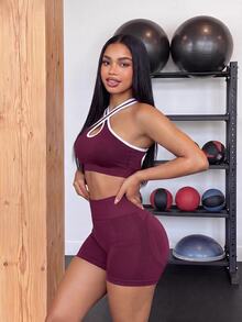 SHEIN Core Rhythm Colorblock Sports Set, Fixed Non-Slip Cup, Separate Wear & Remove, Yoga Fitness - Burgundy - View 1