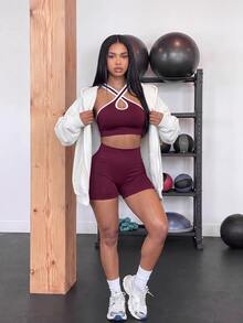 SHEIN Core Rhythm Colorblock Sports Set, Fixed Non-Slip Cup, Separate Wear & Remove, Yoga Fitness - Burgundy - View 11