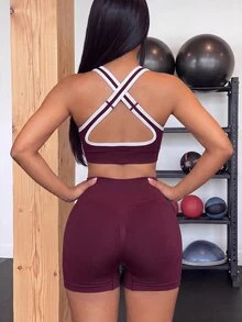SHEIN Core Rhythm Colorblock Sports Set, Fixed Non-Slip Cup, Separate Wear & Remove, Yoga Fitness - Burgundy - View 2