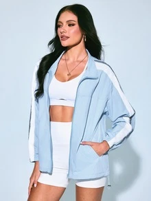 Easithlete Women's Casual Sports Jacket, Small Stand Collar, College Style, Loose Fit, Fashionable And Versatile - Baby Blue - View 3