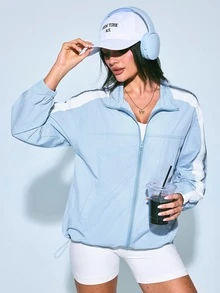 Easithlete Women's Casual Sports Jacket, Small Stand Collar, College Style, Loose Fit, Fashionable And Versatile - Baby Blue - View 1