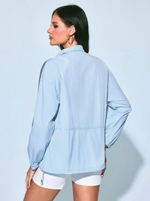 Easithlete Women's Casual Sports Jacket, Small Stand Collar, College Style, Loose Fit, Fashionable And Versatile - Baby Blue - View 2