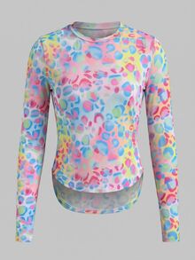 SHEIN Sweetro Women's Leopard Print Long Sleeve High Neck Hemline Sports T-Shirt - Pink - View 6