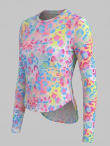 SHEIN Sweetro Women's Leopard Print Long Sleeve High Neck Hemline Sports T-Shirt - Pink - View 3