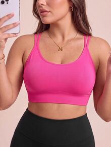 SHEIN Rhythm Era Plus Size Women's Seamless Sports Bra With Criss-Cross Back Strap - Hot Pink - View 5
