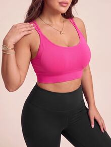 SHEIN Rhythm Era Plus Size Women's Seamless Sports Bra With Criss-Cross Back Strap - Hot Pink - View 6