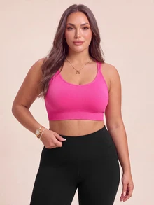 SHEIN Rhythm Era Plus Size Women's Seamless Sports Bra With Criss-Cross Back Strap - Hot Pink - View 1