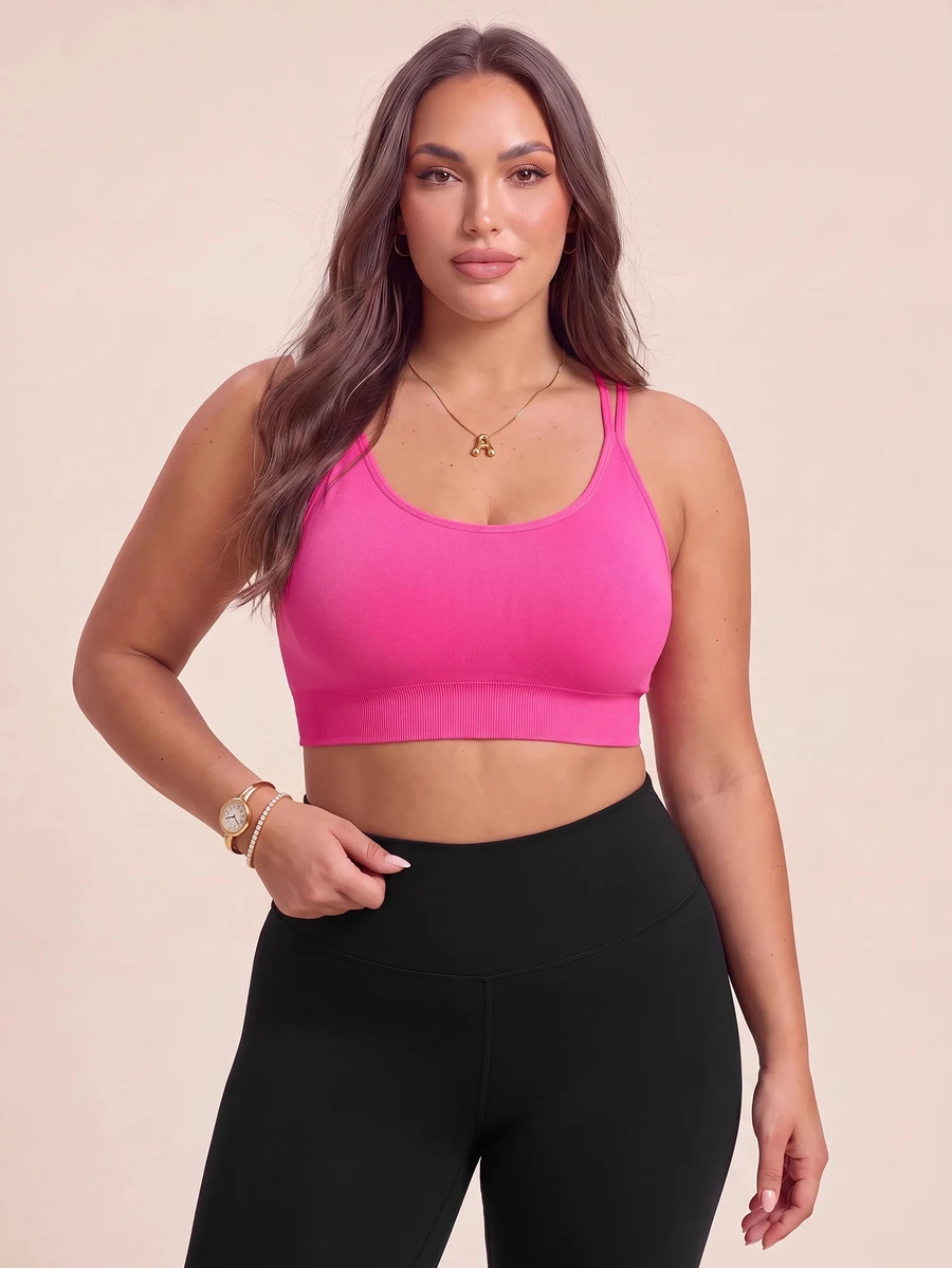 SHEIN Rhythm Era Plus Size Women's Seamless Sports Bra With Criss-Cross Back Strap - Hot Pink - View 1