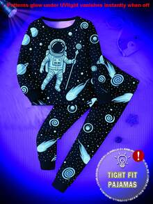 1 Set Boys' Glow-In-The-Dark Astronaut & Star Print Snug Fit Pajamas, Long Sleeve Top And Pants, Spring/Autumn - Royal Blue - View 5