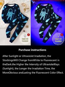 1 Set Boys' Glow-In-The-Dark Astronaut & Star Print Snug Fit Pajamas, Long Sleeve Top And Pants, Spring/Autumn - Royal Blue - View 3