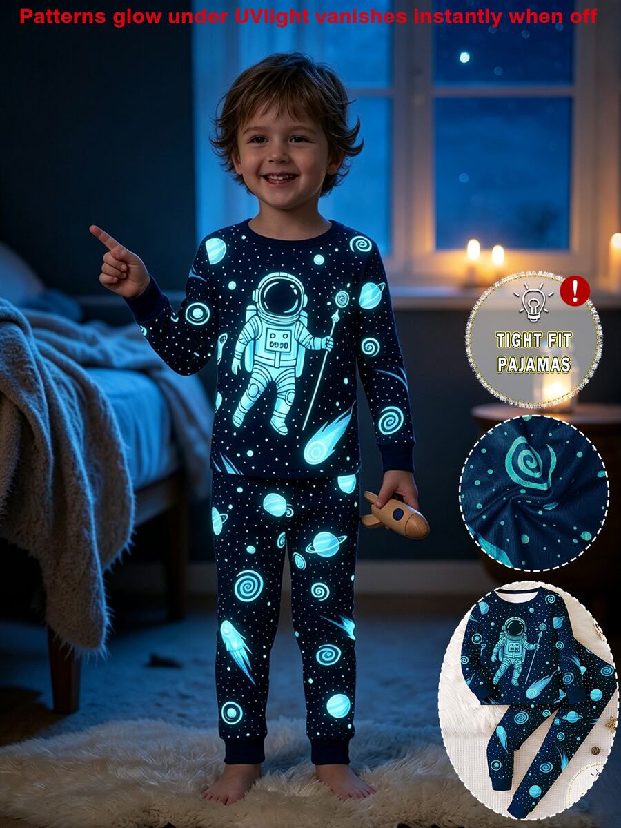 1 Set Boys' Glow-In-The-Dark Astronaut & Star Print Snug Fit Pajamas, Long Sleeve Top And Pants, Spring/Autumn - Royal Blue - View 1