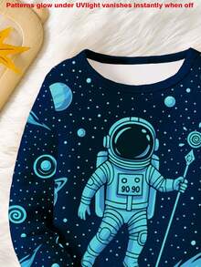 1 Set Boys' Glow-In-The-Dark Astronaut & Star Print Snug Fit Pajamas, Long Sleeve Top And Pants, Spring/Autumn - Royal Blue - View 6