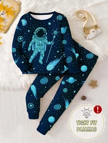 1 Set Boys' Glow-In-The-Dark Astronaut & Star Print Snug Fit Pajamas, Long Sleeve Top And Pants, Spring/Autumn - Royal Blue - View 4