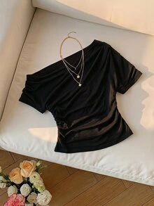 SHEIN MOD Plus Size Women's Black Summer Smart Casual Night Knitted Jacquard Striped Oblique Shoulder Top, Back-To-School, Autumn Outfit, Black Tops/Fall - Black - View 2