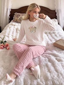 SHEIN 青少年女孩毛絨簡約可愛貼布繡羅紋長袖褲裝套裝 秋冬穿搭 - 淺粉色 - 查看 9