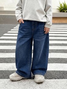 SHEIN Little Byeori Kids Boys' Black Denim Loose Fit Long Pants - Dark Wash - View 4