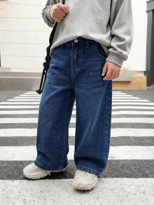SHEIN Little Byeori Kids Boys' Black Denim Loose Fit Long Pants - Dark Wash - View 5